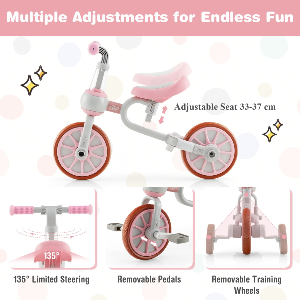 4-in-1 Kids Trike Bike with Adjustable Parent Push Handle for Kids Aged 2-4-Pink