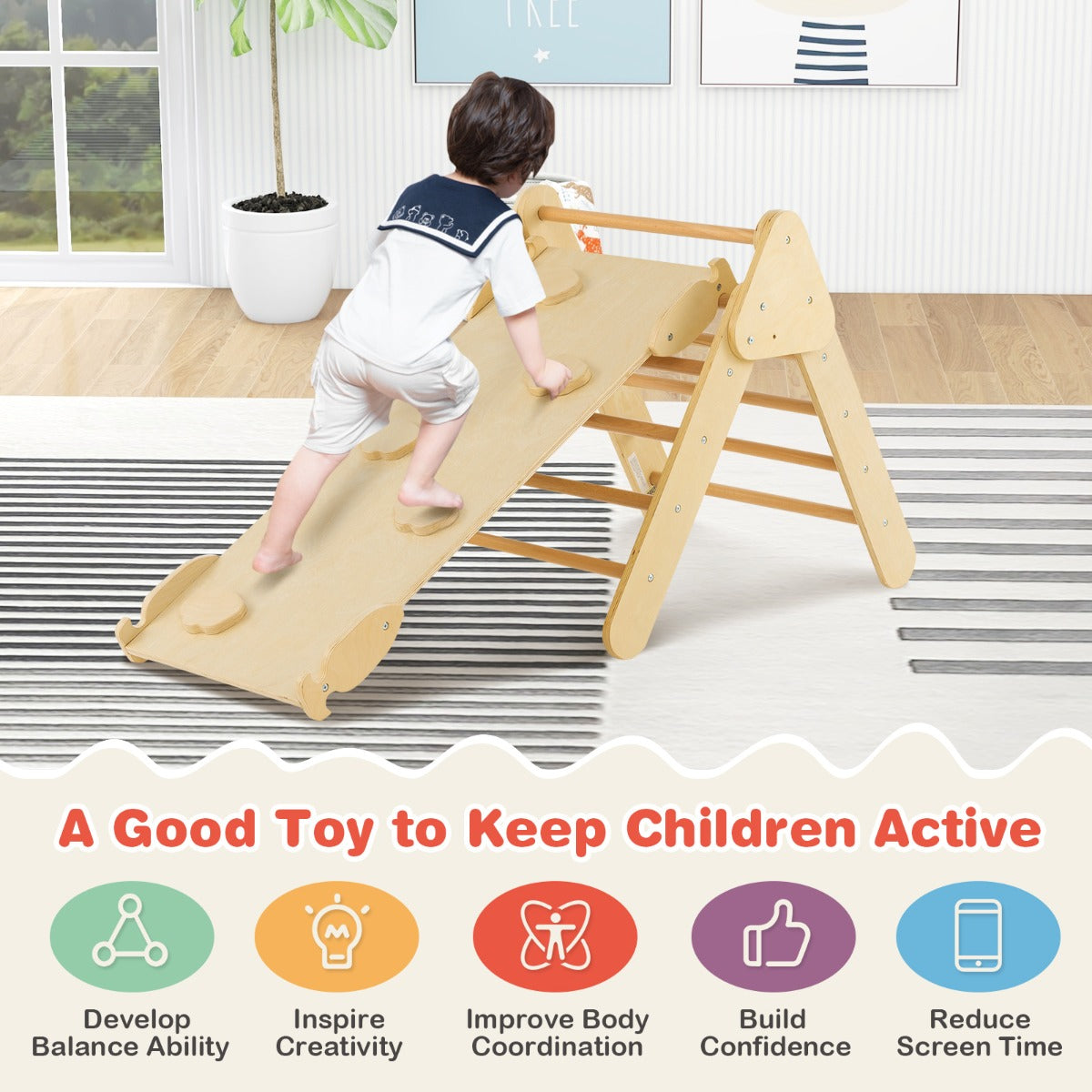 7-in-1 Wood Triangle Climbing Toys for Toddlers 1+ Years Old