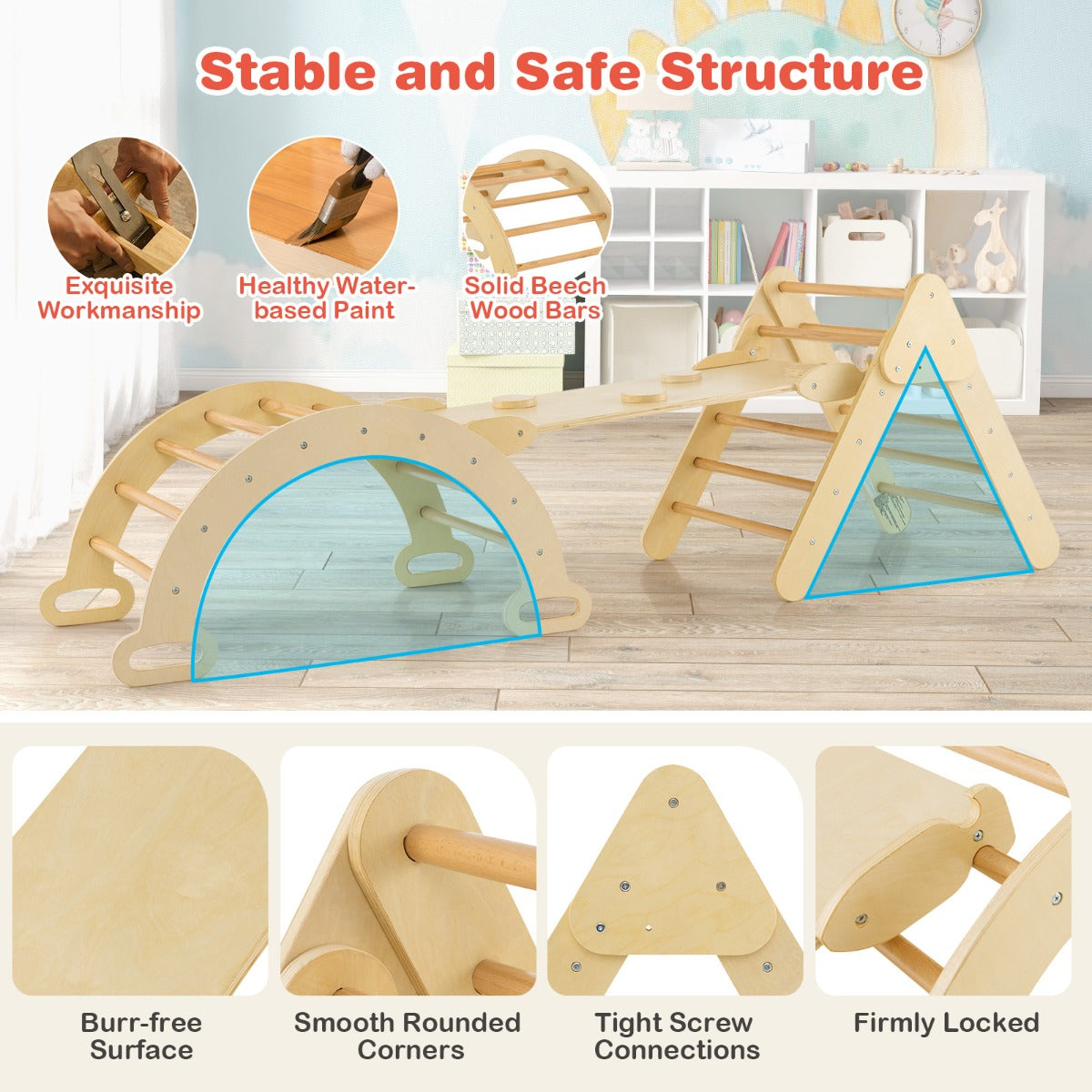 7-in-1 Wood Triangle Climbing Toys for Toddlers 1+ Years Old