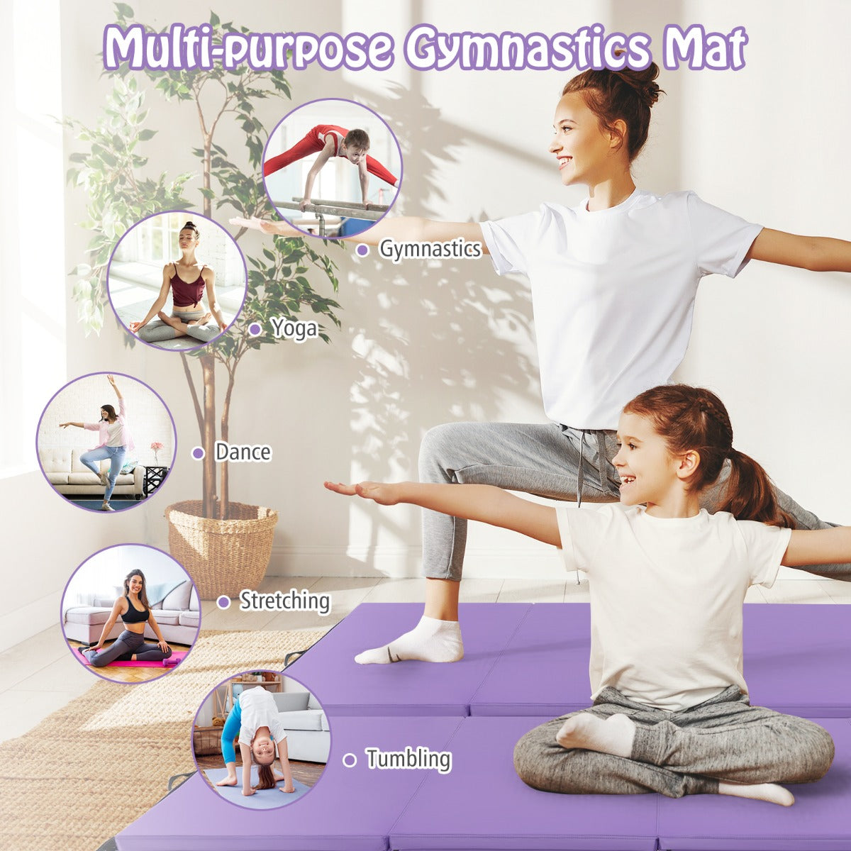 Tumbling Mat with Carry Handles and Sweatproof Detachable PU Leather Cover for Yoga-Light Purple