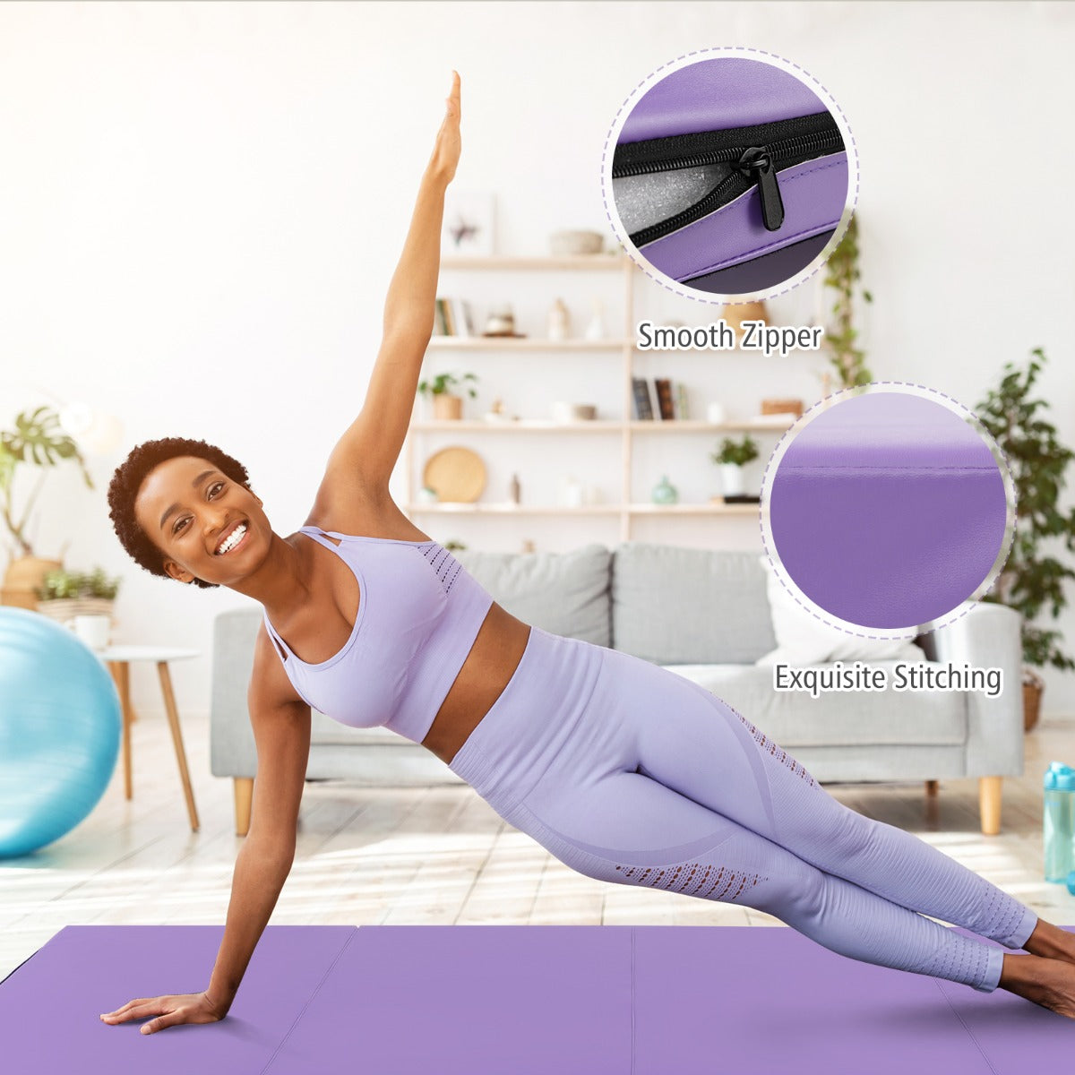 Tumbling Mat with Carry Handles and Sweatproof Detachable PU Leather Cover for Yoga-Light Purple