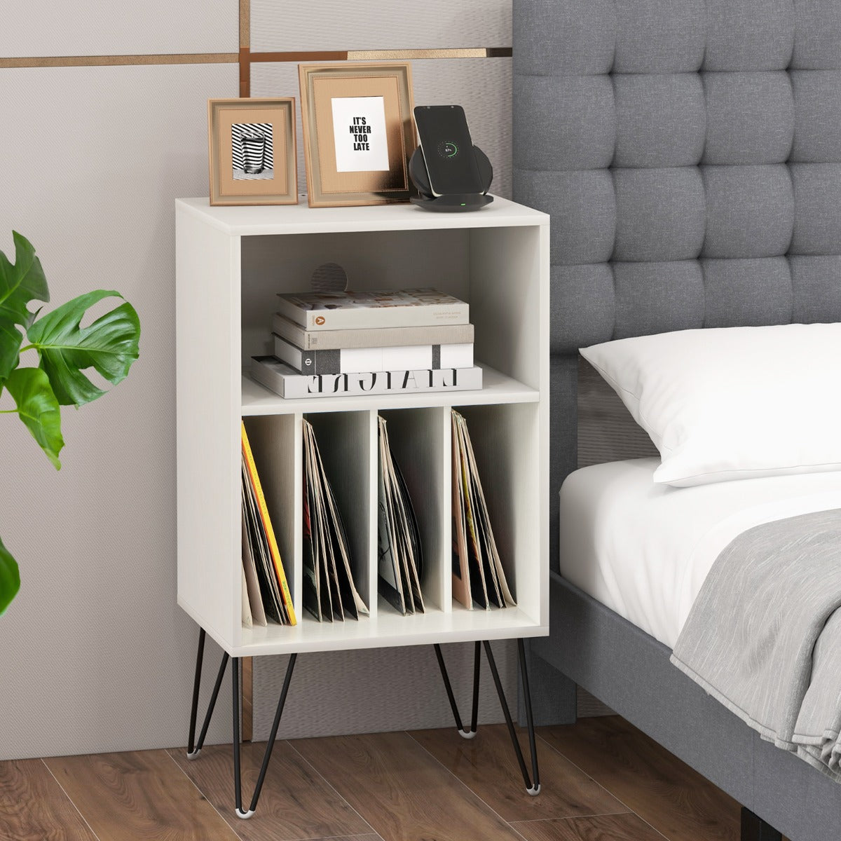 Turntable Nightstand with Vinyl Record Storage Cabinet and Charging Station-White