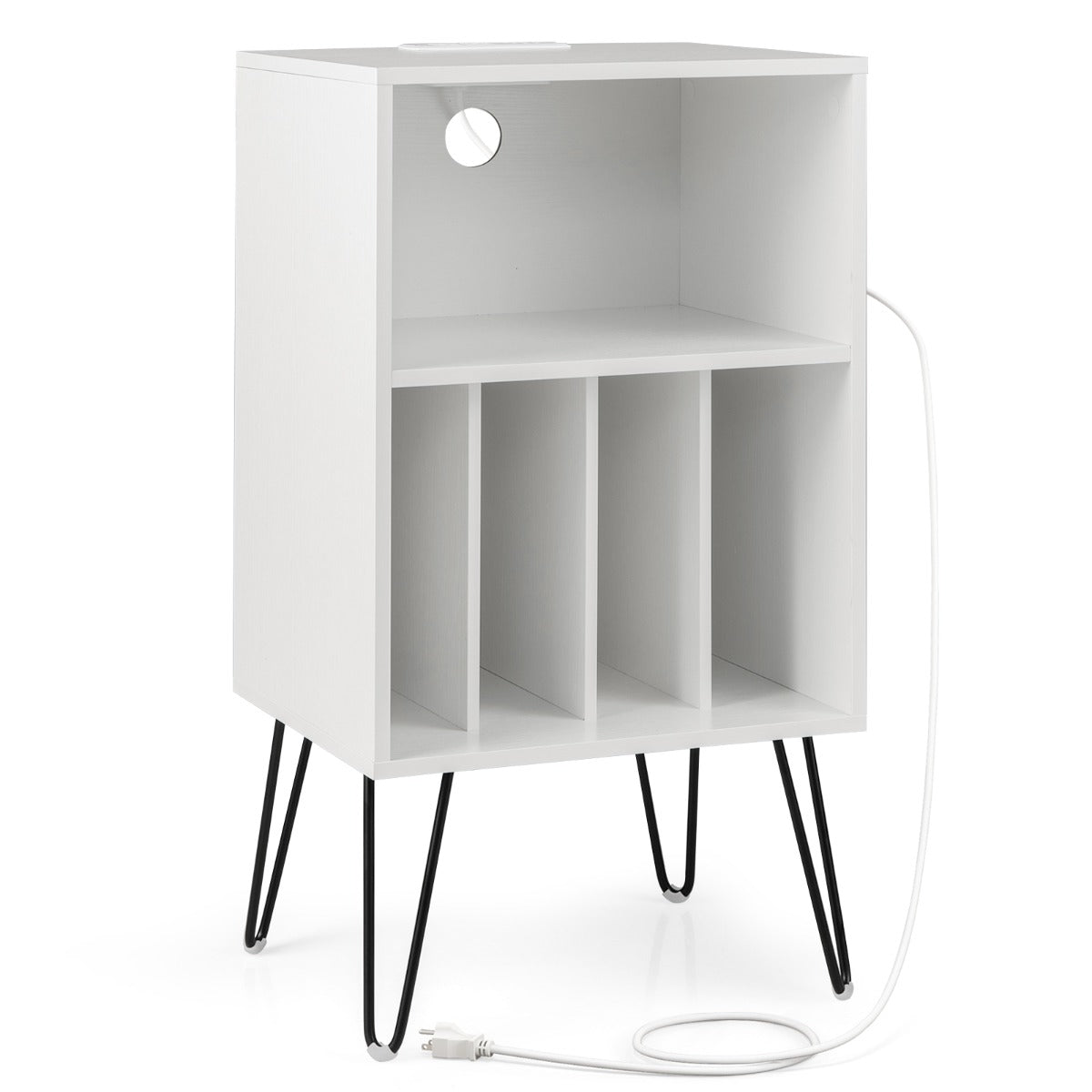 Turntable Nightstand with Vinyl Record Storage Cabinet and Charging Station-White