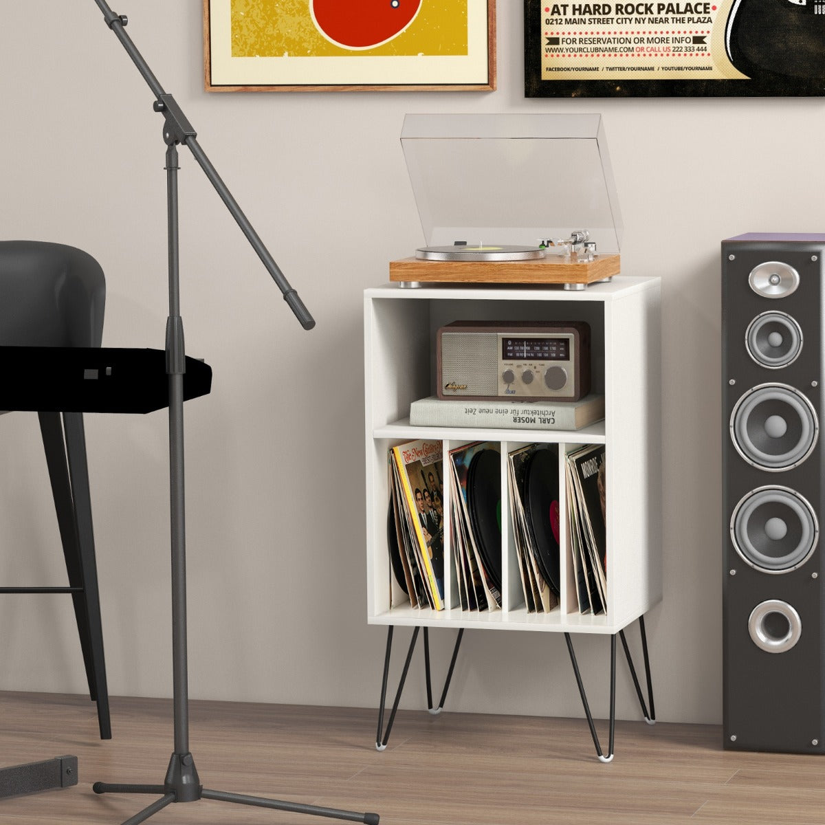 Turntable Nightstand with Vinyl Record Storage Cabinet and Charging Station-White