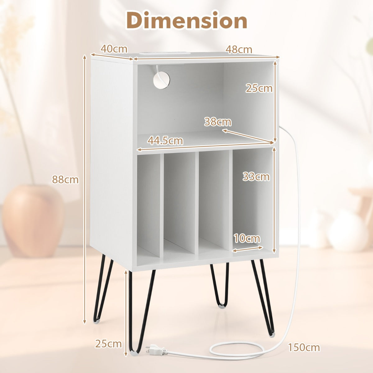 Turntable Nightstand with Vinyl Record Storage Cabinet and Charging Station-White