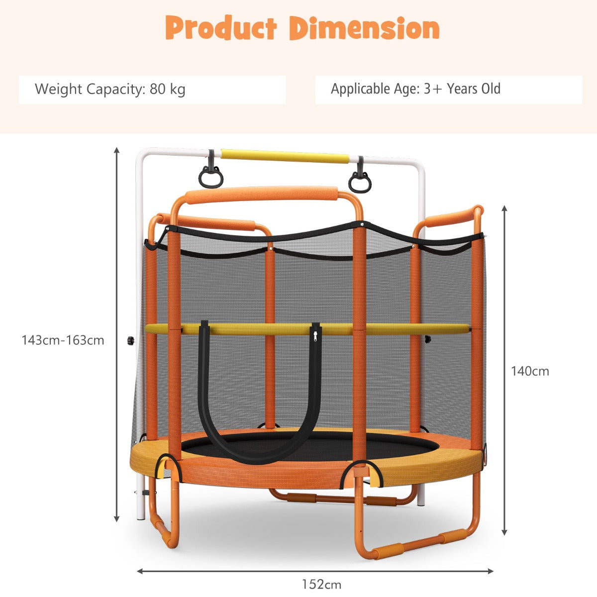 152cm Kids 3-in-1 Game Trampoline Seamless with Enclosure Net-Orange