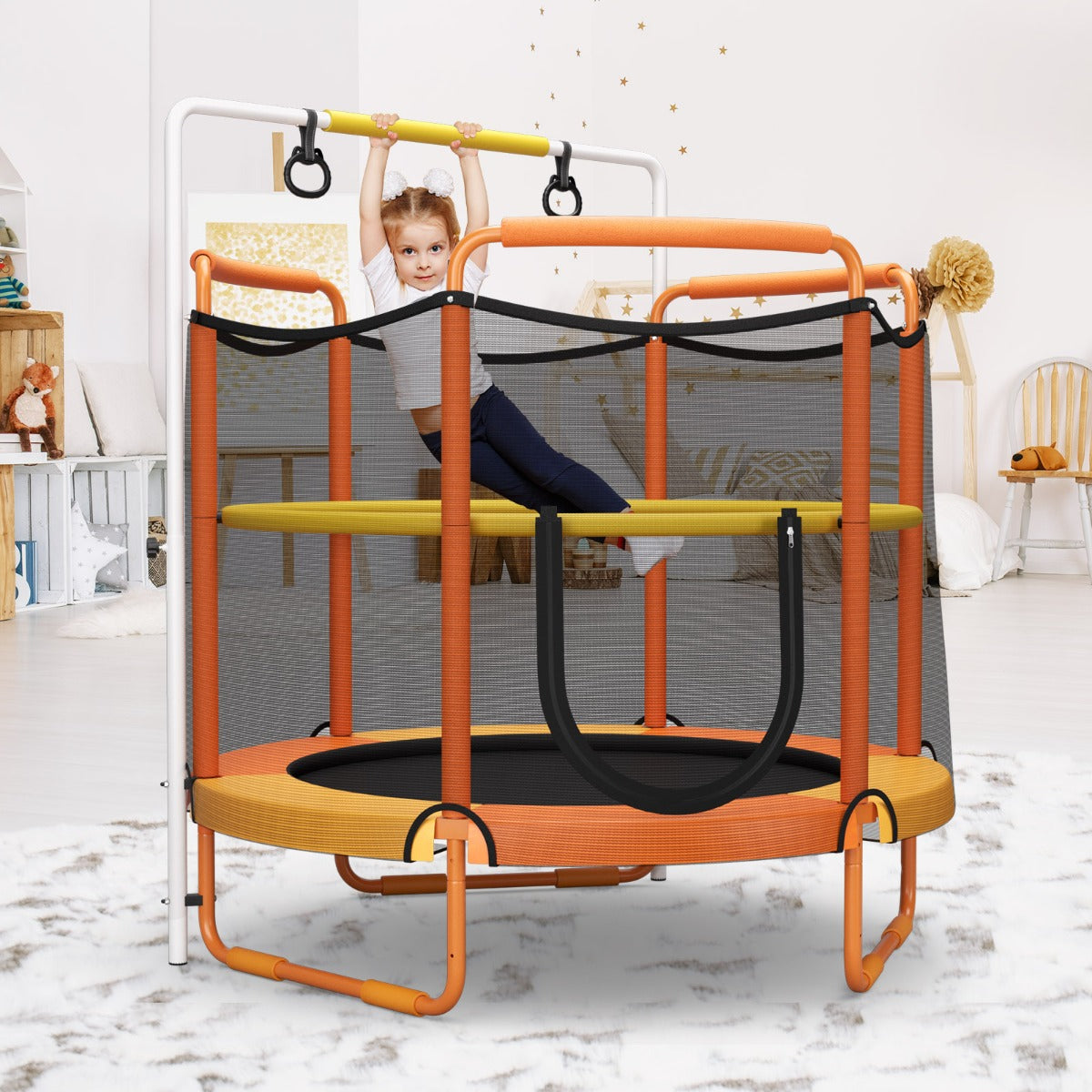152cm Kids 3-in-1 Game Trampoline Seamless with Enclosure Net-Orange