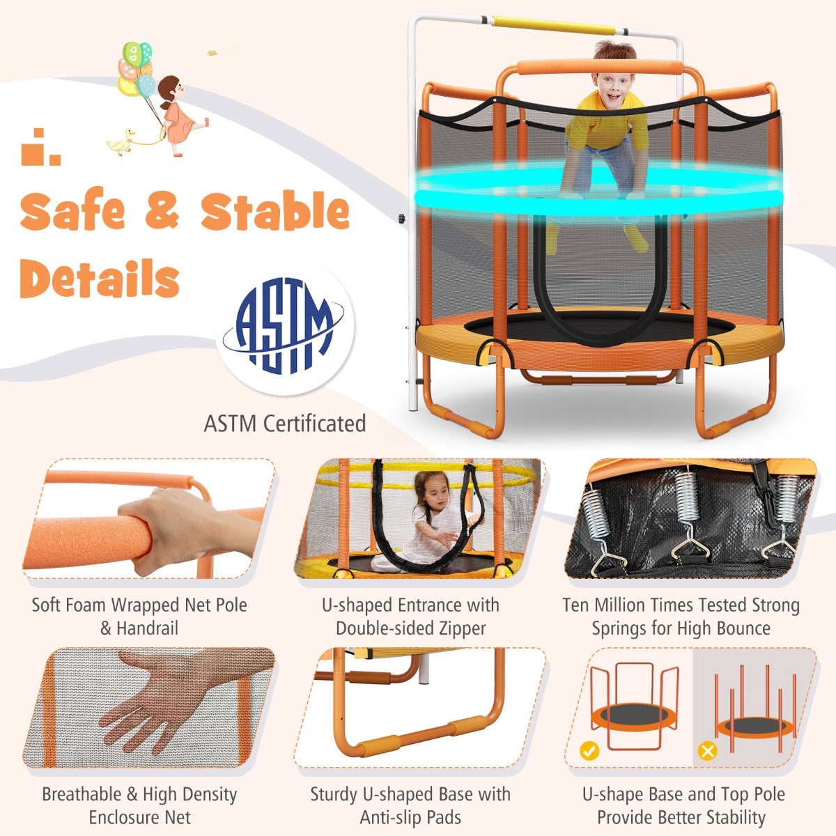 152cm Kids 3-in-1 Game Trampoline Seamless with Enclosure Net-Orange