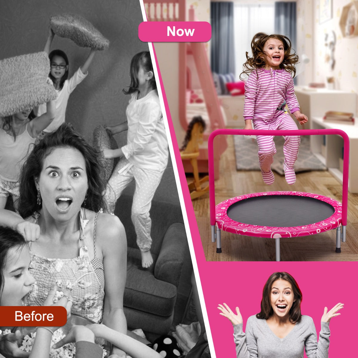 Costway Foldable Kids Trampoline with Handle for Indoor &amp; Outdoor-Pink