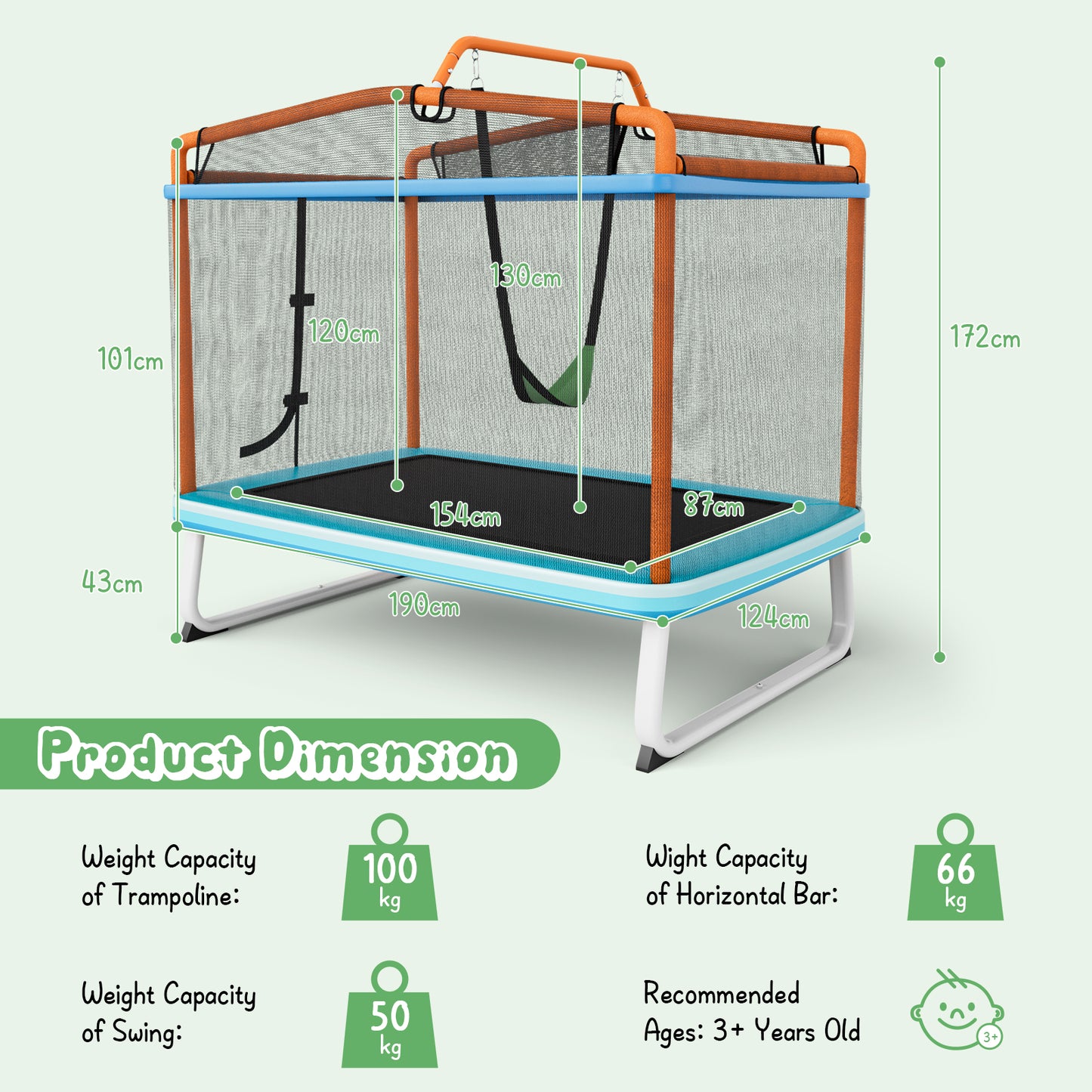 3-in-1 Rectangle Trampoline for Kids with Swing & Horizontal Bar-Orange