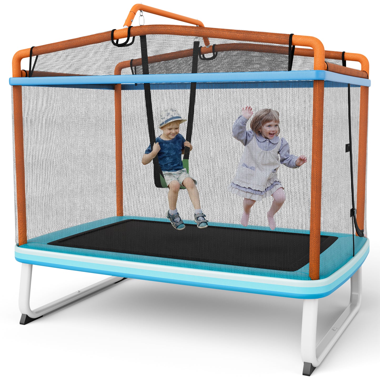 3-in-1 Rectangle Trampoline for Kids with Swing & Horizontal Bar-Orange