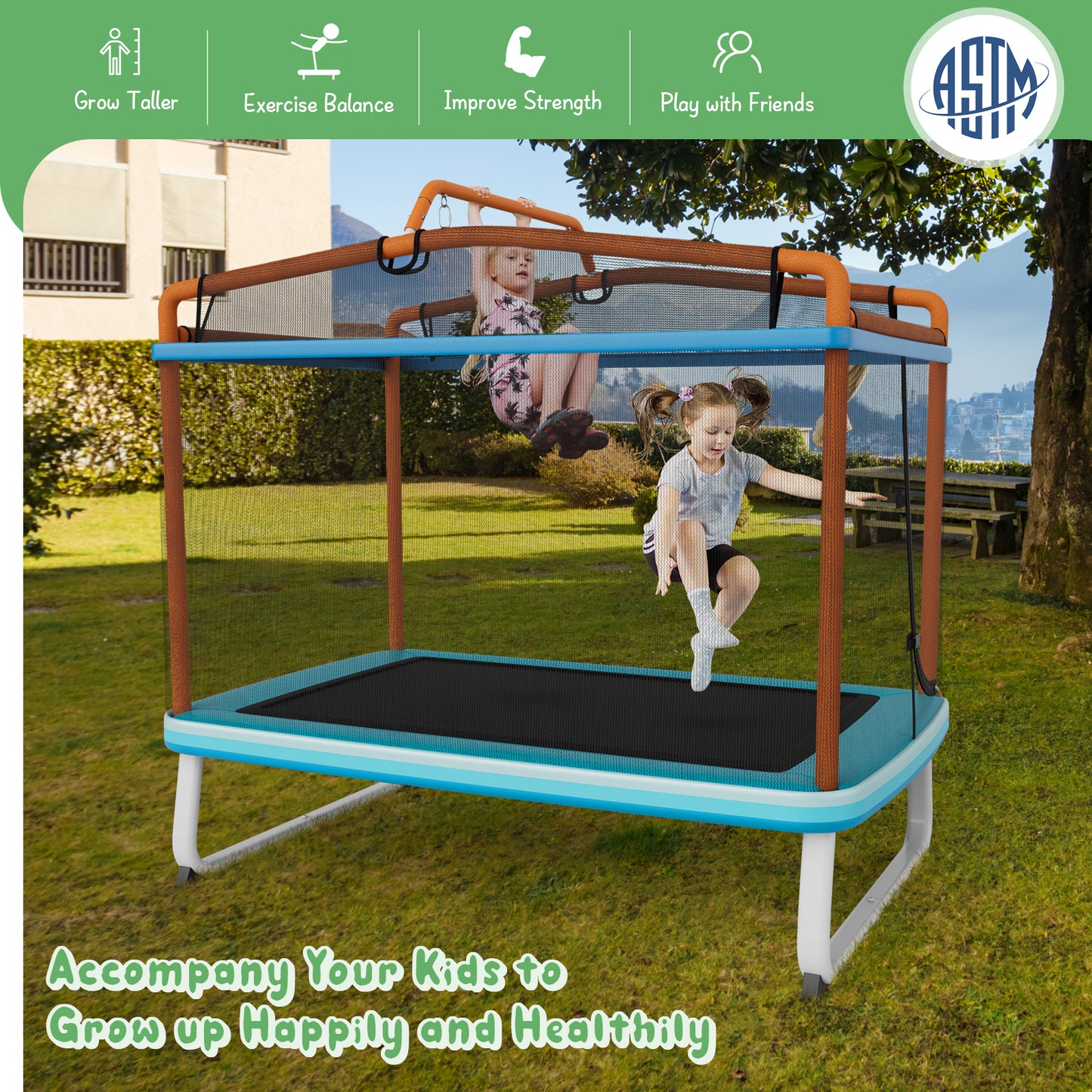 3-in-1 Rectangle Trampoline for Kids with Swing & Horizontal Bar-Orange
