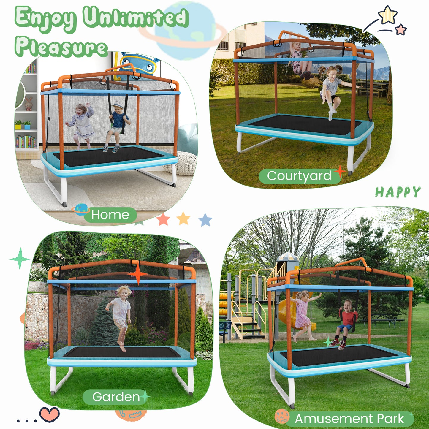 3-in-1 Rectangle Trampoline for Kids with Swing & Horizontal Bar-Orange