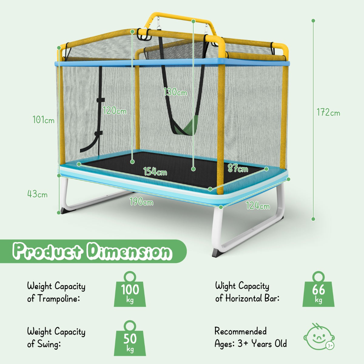 3-in-1 Rectangle Trampoline for Kids with Swing &amp; Horizontal Bar-Yellow