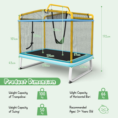 3-in-1 Rectangle Trampoline for Kids with Swing &amp; Horizontal Bar-Yellow