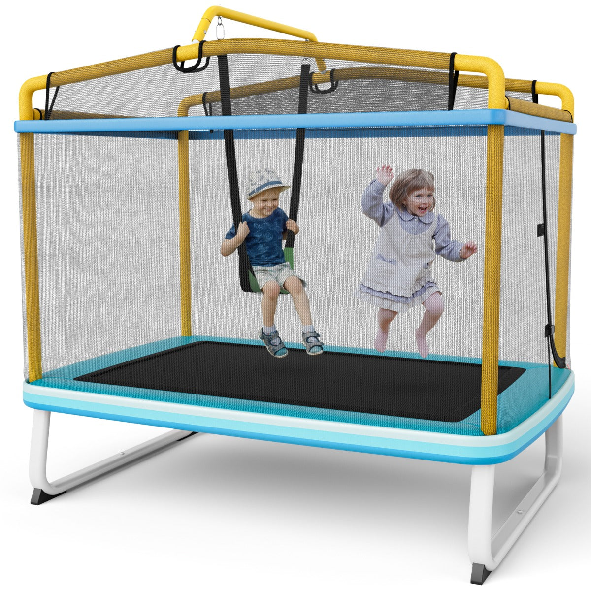 3-in-1 Rectangle Trampoline for Kids with Swing &amp; Horizontal Bar-Yellow