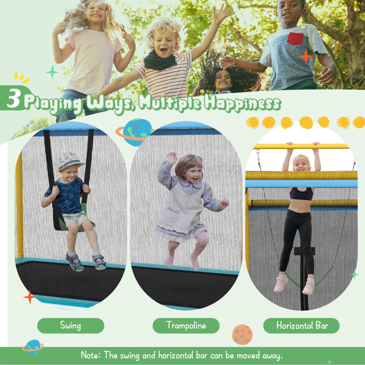 3-in-1 Rectangle Trampoline for Kids with Swing &amp; Horizontal Bar-Yellow
