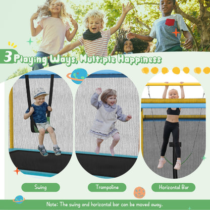 3-in-1 Rectangle Trampoline for Kids with Swing &amp; Horizontal Bar-Yellow