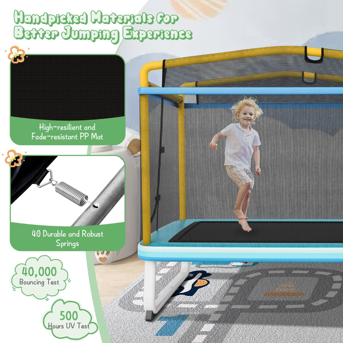 3-in-1 Rectangle Trampoline for Kids with Swing &amp; Horizontal Bar-Yellow