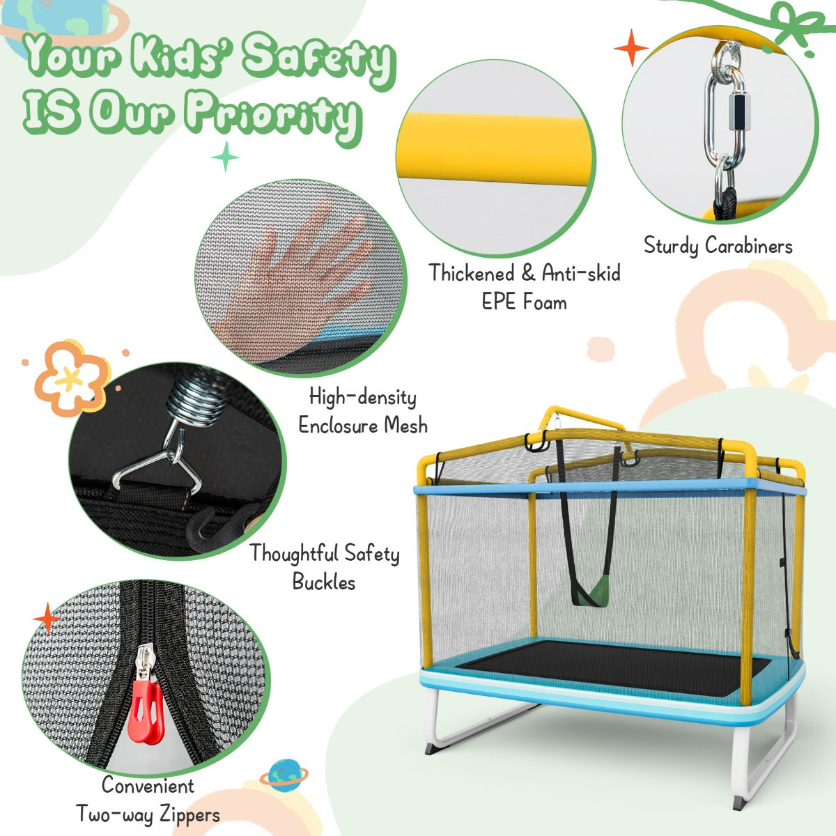 3-in-1 Rectangle Trampoline for Kids with Swing &amp; Horizontal Bar-Yellow