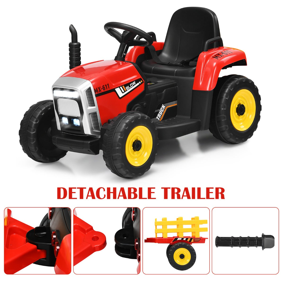 12V Ride On Tractor with Trailer and Remote Control for Kids -Red