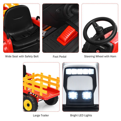 12V Ride On Tractor with Trailer and Remote Control for Kids -Red