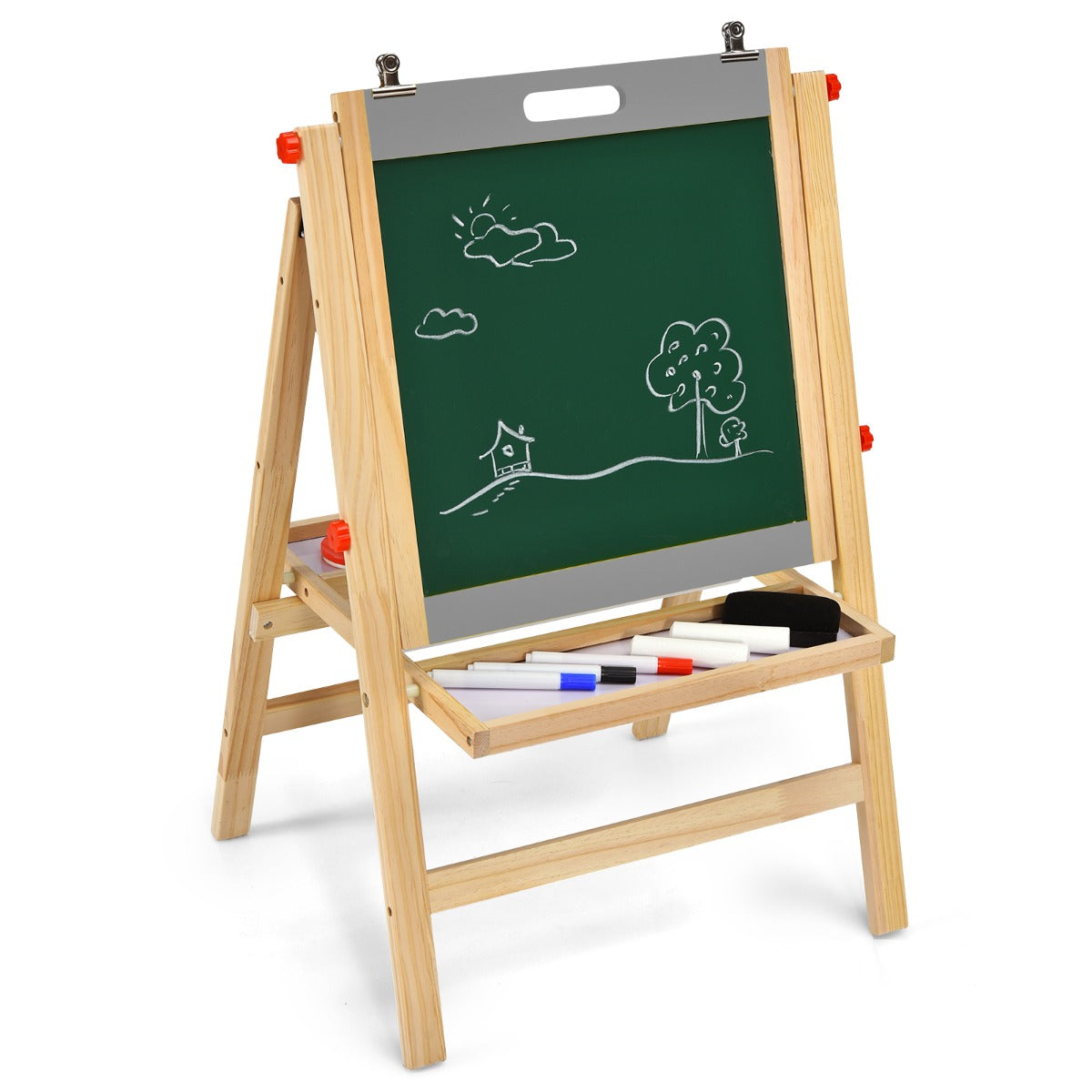 3-In-1 Foldable Kids Easel with Adjustable Height and Chalks Pens-Grey