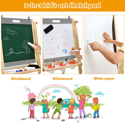 3-In-1 Foldable Kids Easel with Adjustable Height and Chalks Pens-Grey