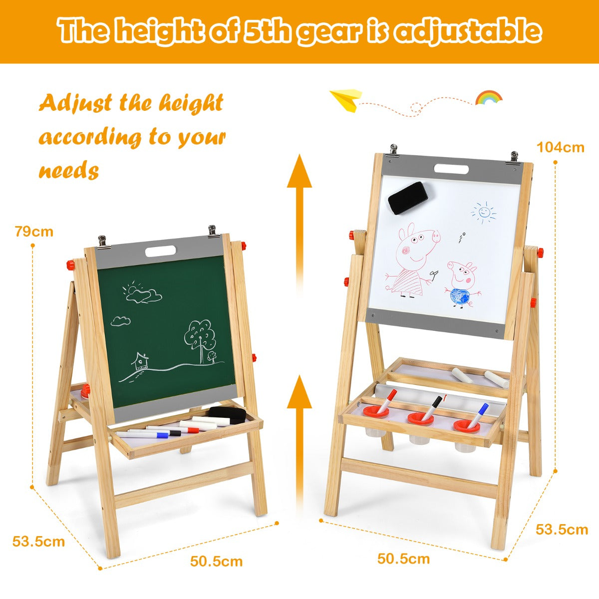 3-In-1 Foldable Kids Easel with Adjustable Height and Chalks Pens-Grey