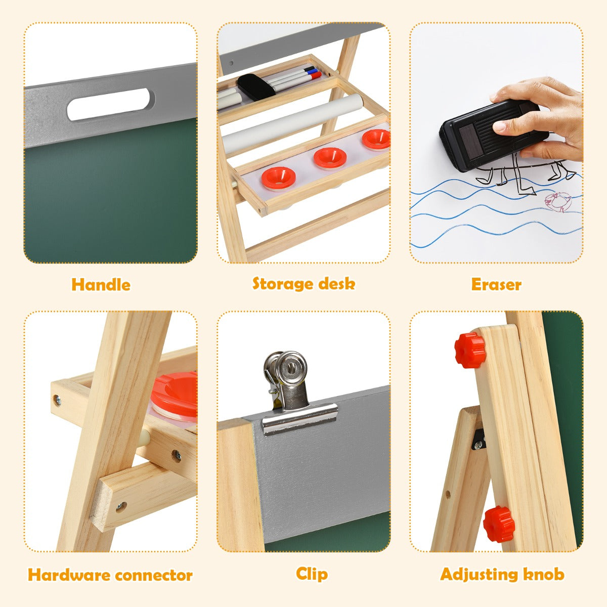 3-In-1 Foldable Kids Easel with Adjustable Height and Chalks Pens-Grey