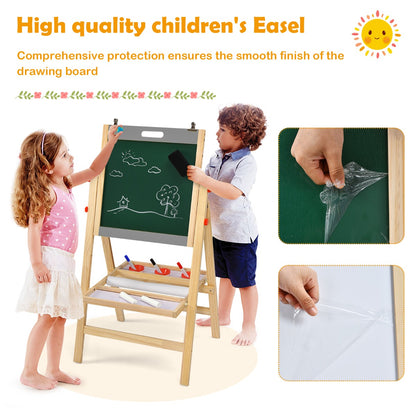 3-In-1 Foldable Kids Easel with Adjustable Height and Chalks Pens-Grey