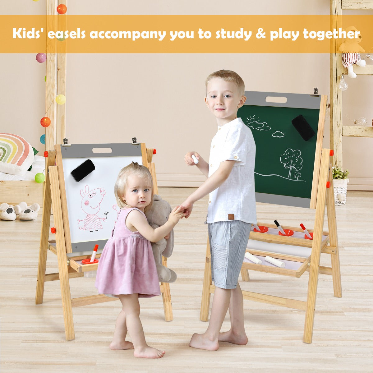 3-In-1 Foldable Kids Easel with Adjustable Height and Chalks Pens-Grey