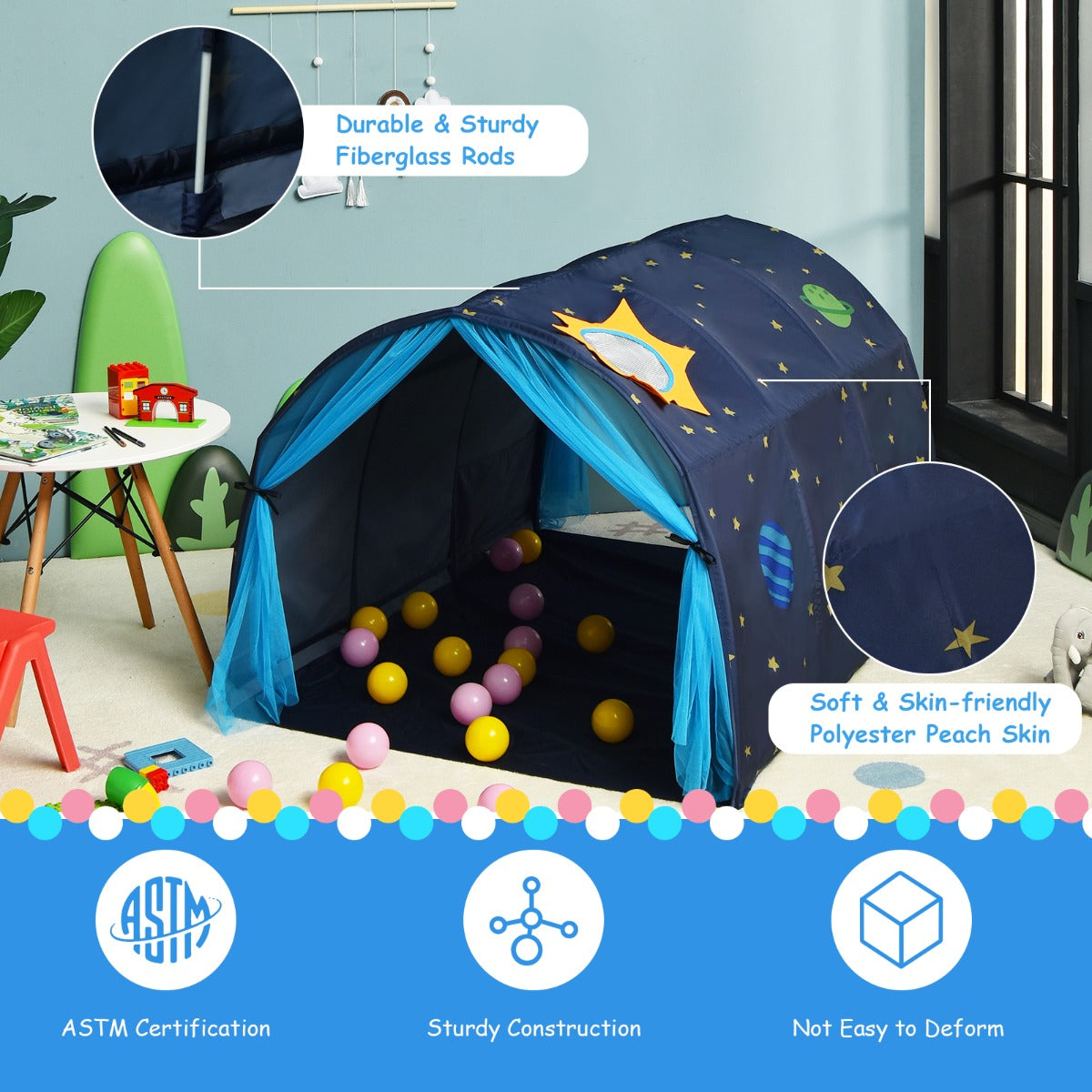 Kids Twin Sleeping Tent Playhouse with Carry Bag-Blue