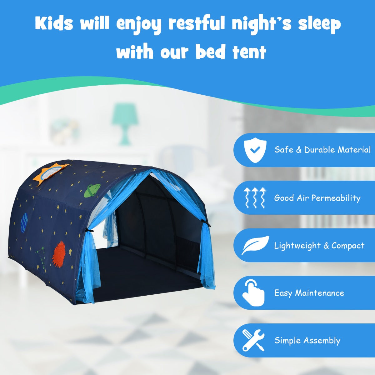 Kids Twin Sleeping Tent Playhouse with Carry Bag-Blue