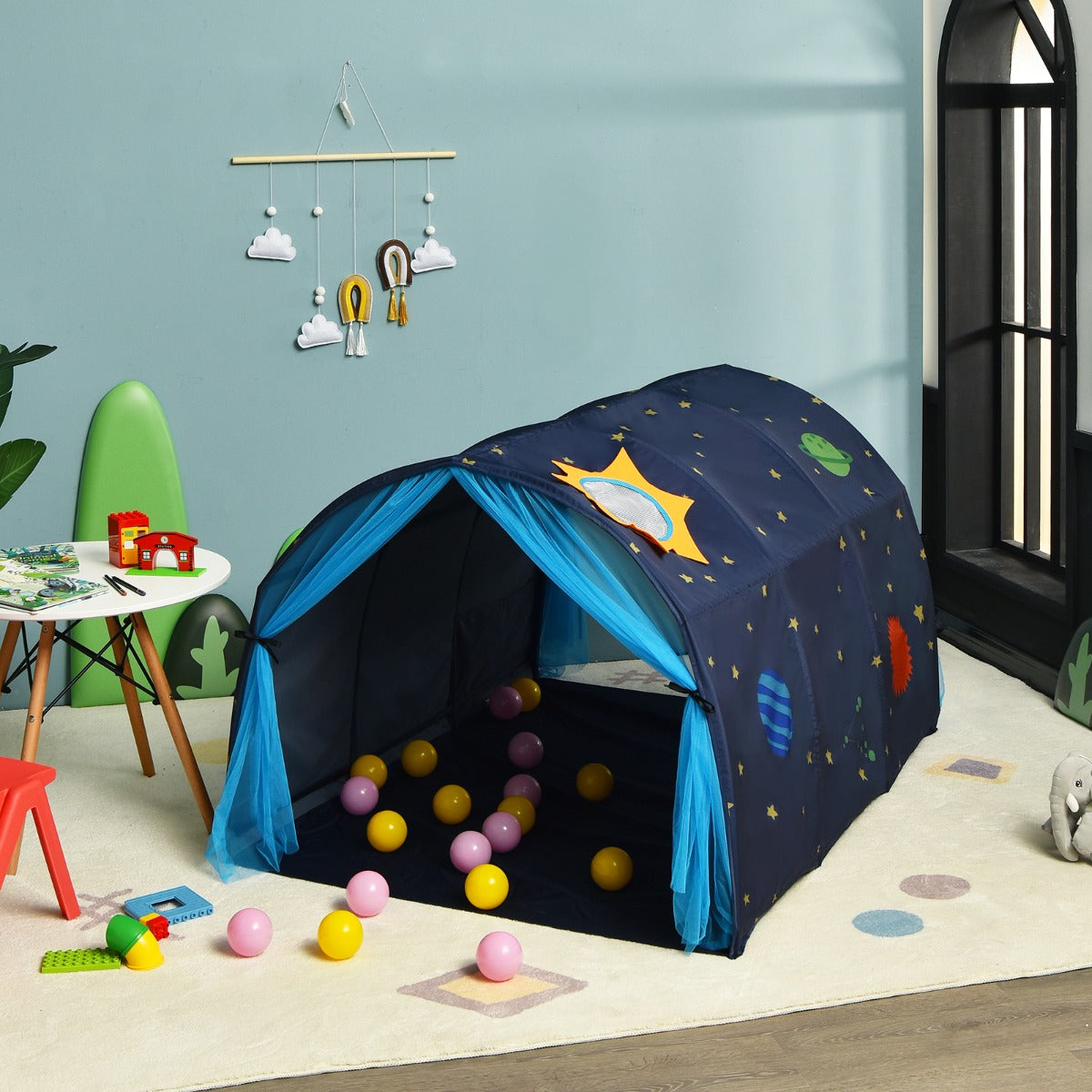 Kids Twin Sleeping Tent Playhouse with Carry Bag-Blue
