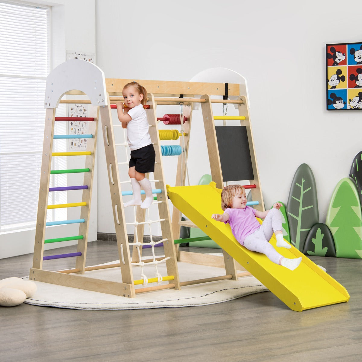 8-in-1 Wooden Climbing Playset with Slide and Drawing Board Multicolor