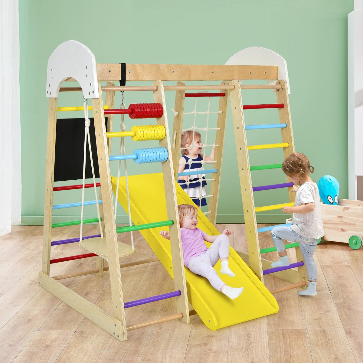 8-in-1 Wooden Climbing Playset with Slide and Drawing Board Multicolor