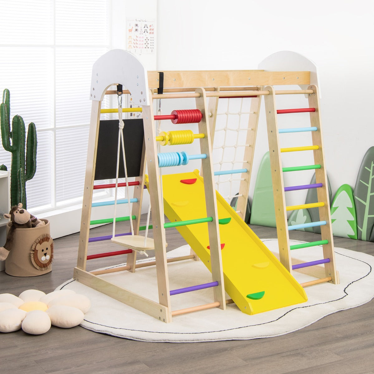 8-in-1 Wooden Climbing Playset with Slide and Drawing Board Multicolor