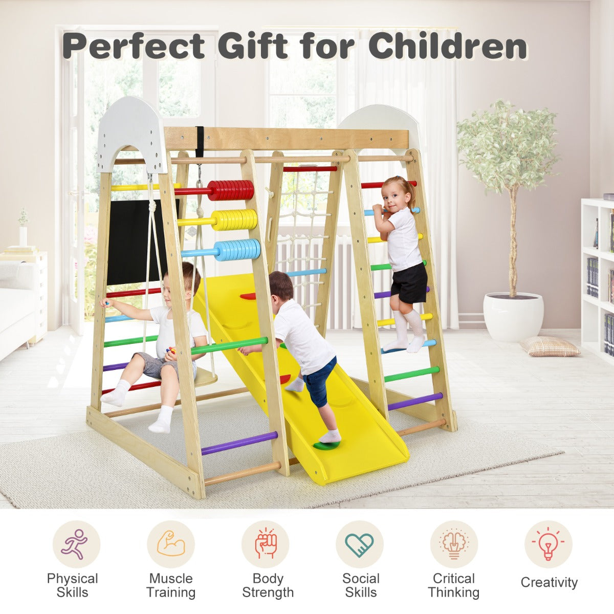 8-in-1 Wooden Climbing Playset with Slide and Drawing Board Multicolor