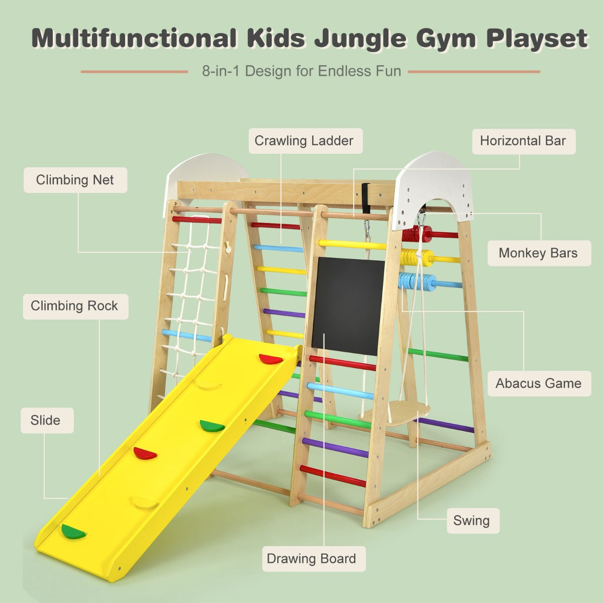 8-in-1 Wooden Climbing Playset with Slide and Drawing Board Multicolor