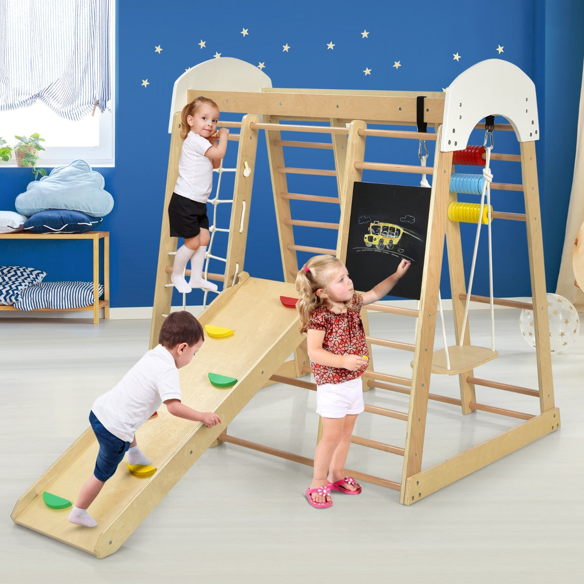8-in-1 Wooden Climbing Playset with Slide and Drawing Board Nature