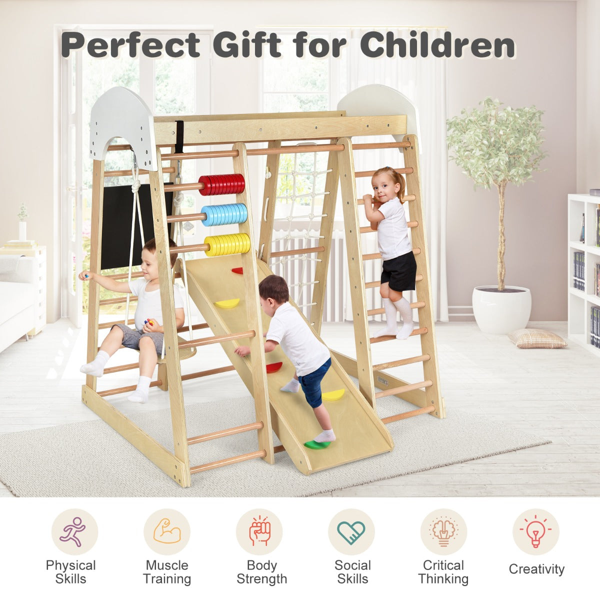 8-in-1 Wooden Climbing Playset with Slide and Drawing Board Nature