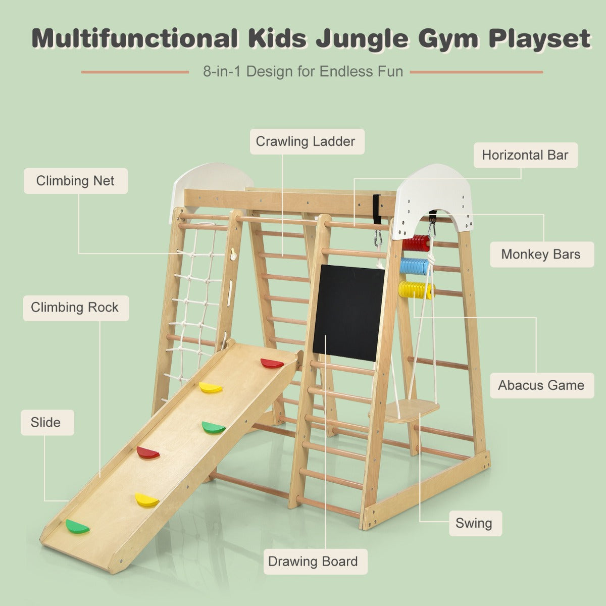 8-in-1 Wooden Climbing Playset with Slide and Drawing Board Nature