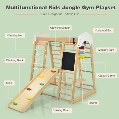 8-in-1 Wooden Climbing Playset with Slide and Drawing Board Nature