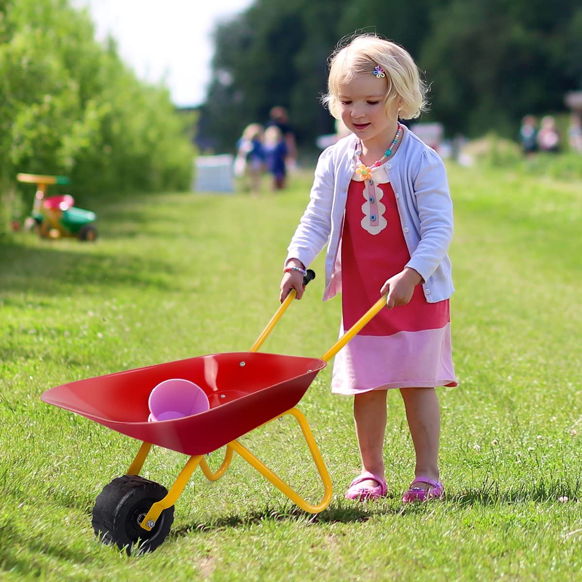 Kids Metal Wheelbarrow with Non-Slip Handle for Toddlers Red