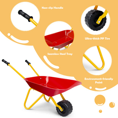 Kids Metal Wheelbarrow with Non-Slip Handle for Toddlers Red