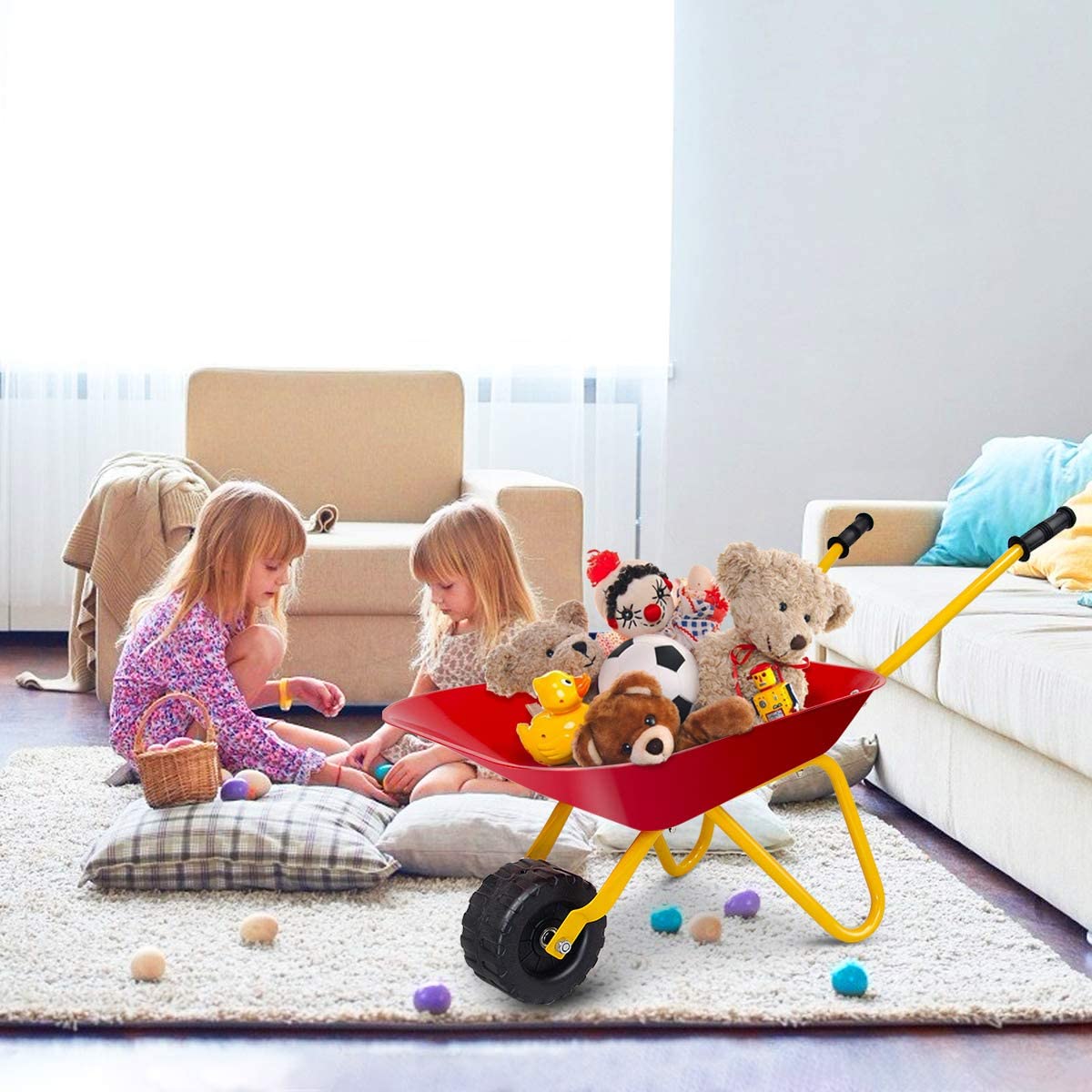 Kids Metal Wheelbarrow with Non-Slip Handle for Toddlers Red