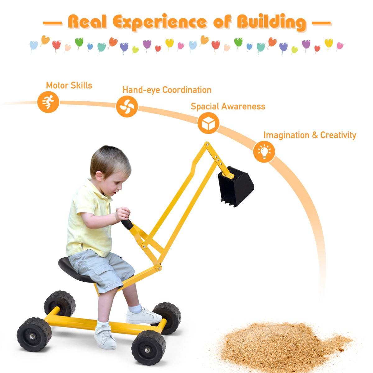 Kids Ride on Sand Digger with Rotatable Seat for Beach Yellow