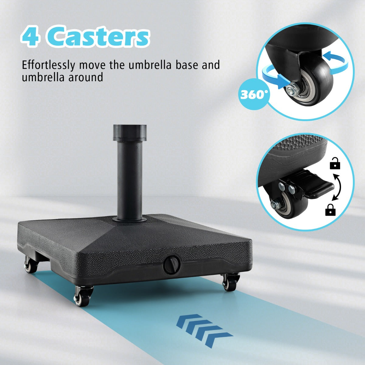 Square PE umbrella base with two locking casters stays securely in place during outdoor use