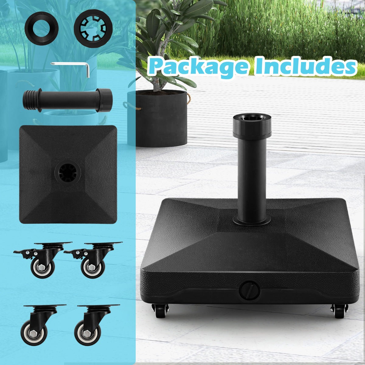 Water-fillable umbrella base offers a practical solution for securing patio umbrellas in strong weather